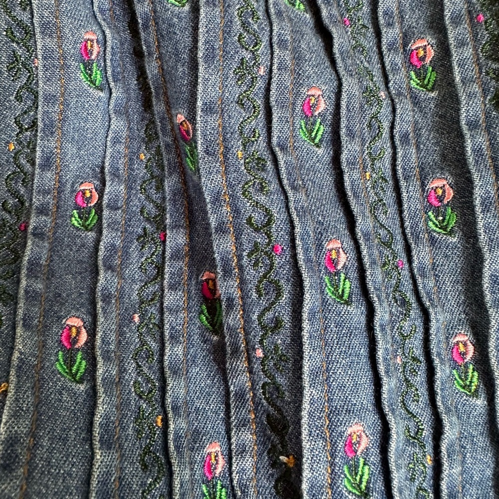 Vintage Rustic Denim Cottage Prairie Embroidered Floral Modest MidiDress ~ S/M? - Picture 9 of 16